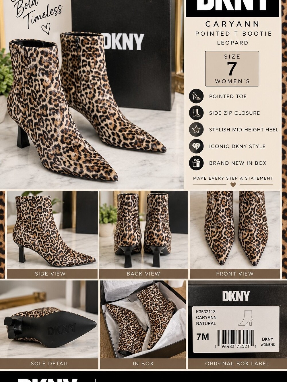 NIB DKNY Caryann Leopard Print Pointed Toe Ankle Boots